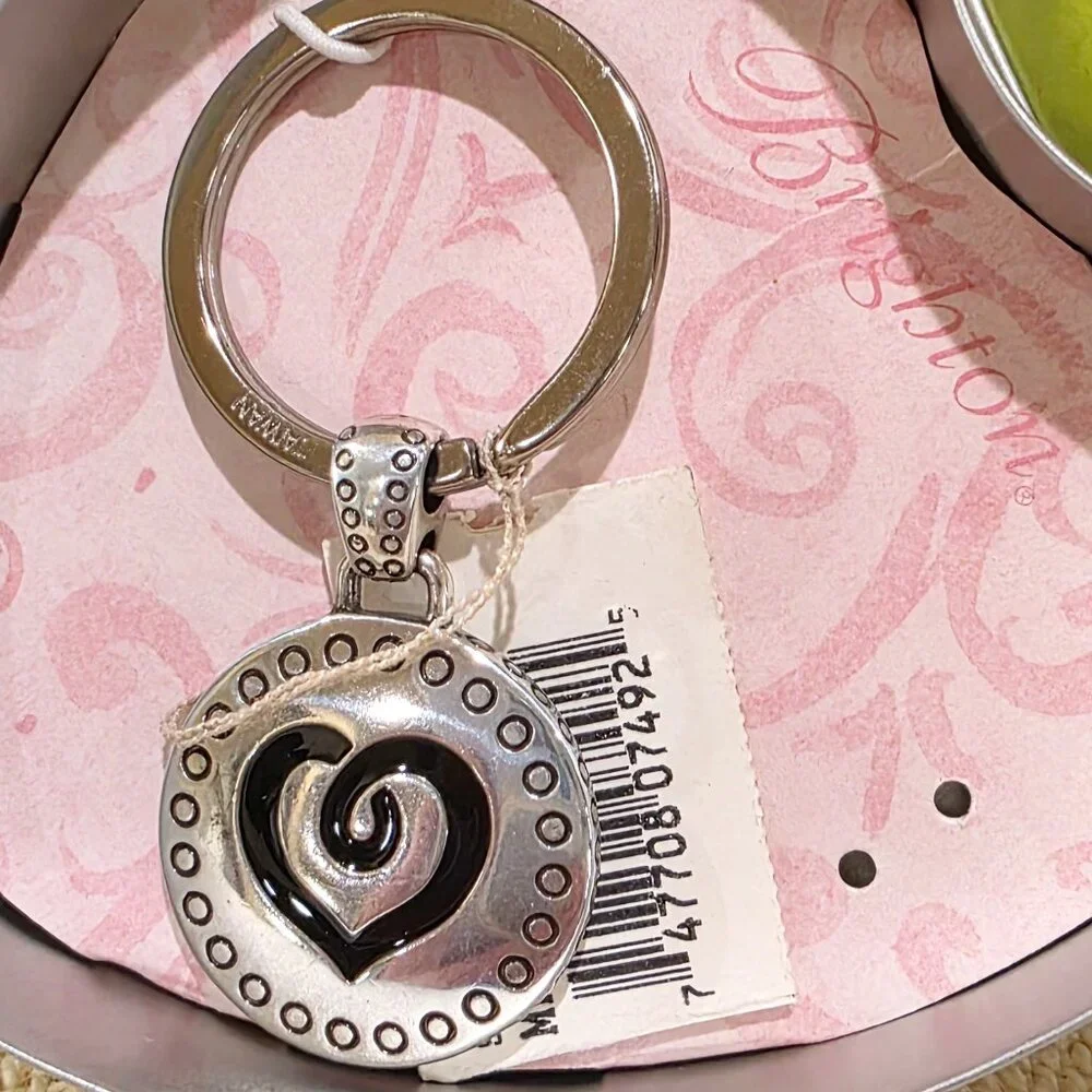 Vintage NOS Brighton Key Fob Keychain Round Heart Silver Marin w/ Heart Tin